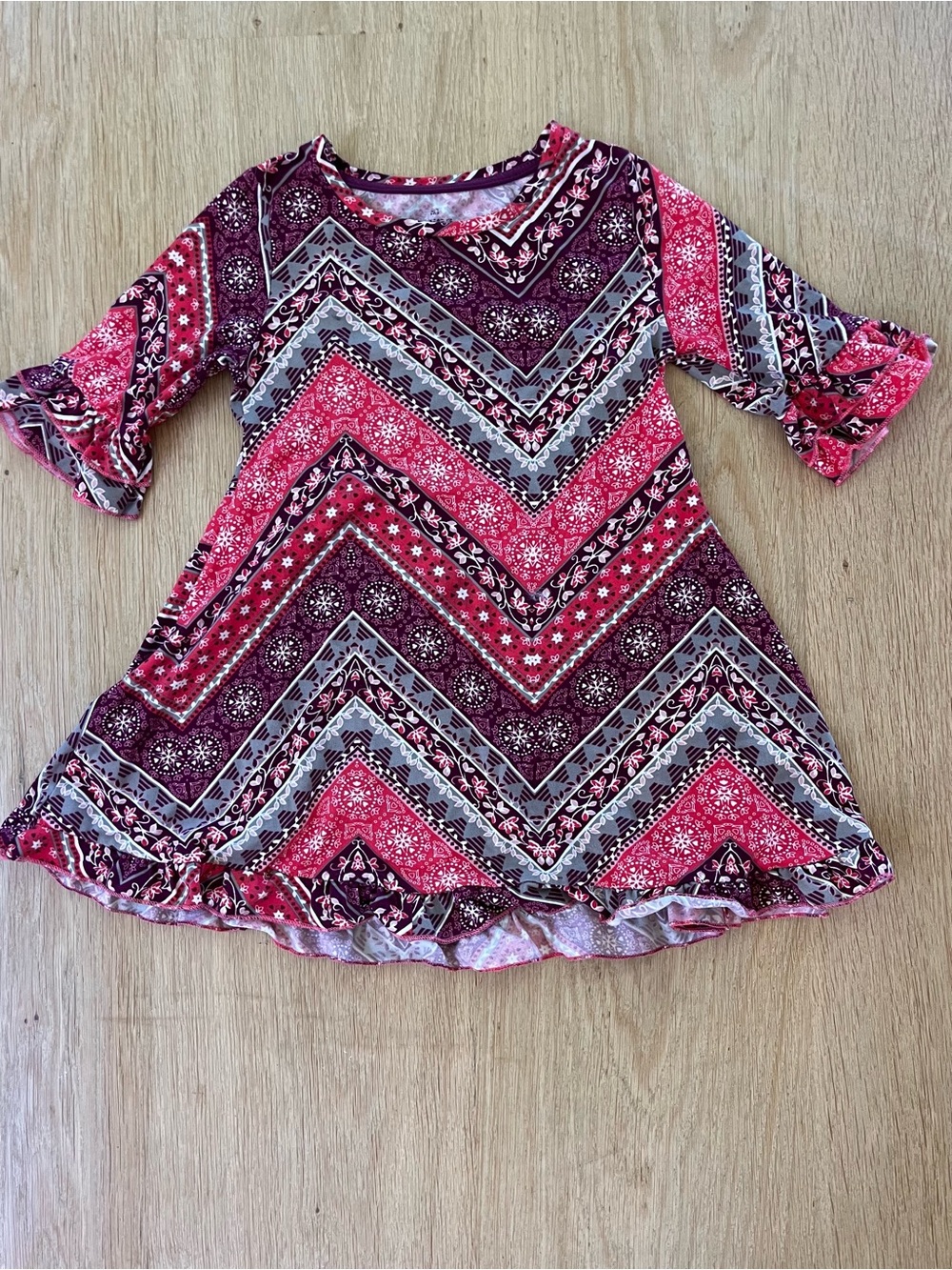 One Step Ahead Pink Chevron Bandana Swing Dress with Ruffle Sleeves